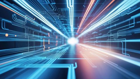 Futuristic digital corridor with neon circuitry and light streaks