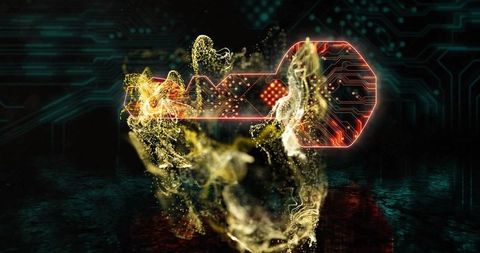 Futuristic digital key with cyber effects in virtual environment