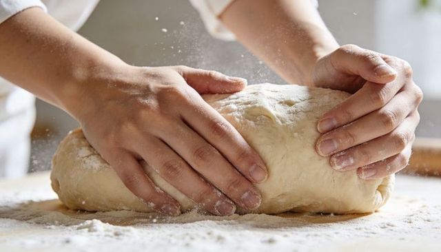 Kneading artisan bread dough by baker hands on floured wooden counter close-up