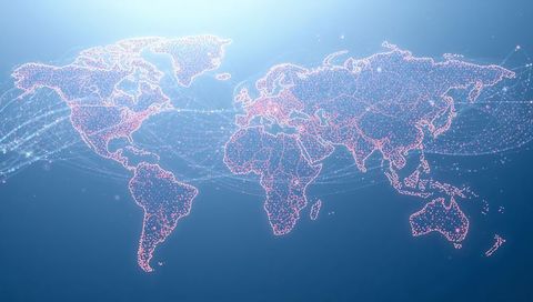 Neon dotted world map illustrating global digital connectivity with flowing data lines