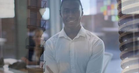 Confident Businessman with Urban Overlays in Modern Office - Download Free Stock Images Pikwizard.com