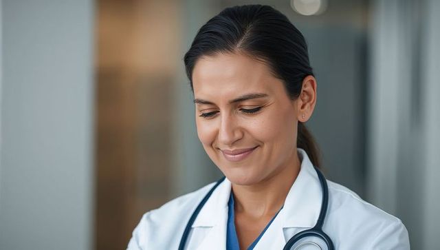 Female doctor wearing white coat and stethoscope, calm contemplative healthcare portrait