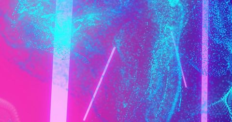 Neon cyan particle waves and glowing magenta gradient with vertical luminous light columns