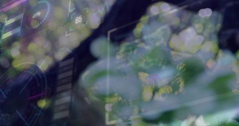 Blending foliage with translucent neon HUD overlays and soft bokeh light