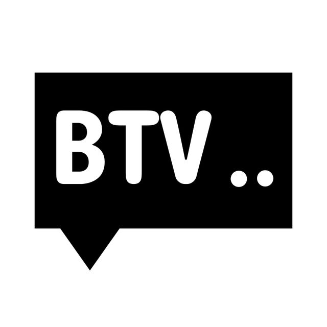 This image features a bold 'BTV' logo inside a speech bubble with two dots. It is ideal for use in promoting a television channel or media brand. The minimalist black and white design is perfect for social media icons, website branding, and marketing materials.