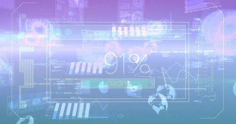 Futuristic hud loading interface showing 91% progress over holographic data dashboard