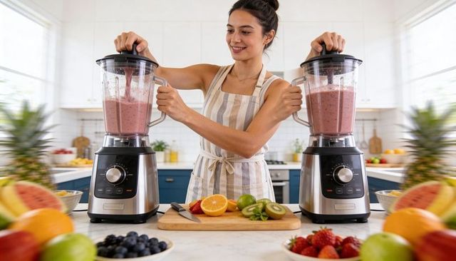 Woman blending pink fruit smoothies with two blenders on sunlit modern kitchen island