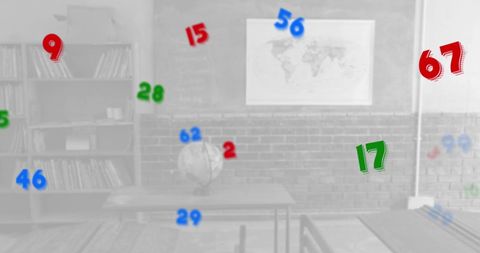 Abstract floating numbers in empty classroom