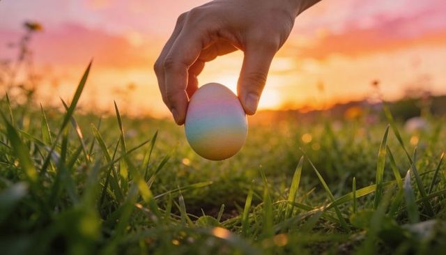 Bare hand lifting pastel rainbow egg above dewy grass against warm sunset glow
