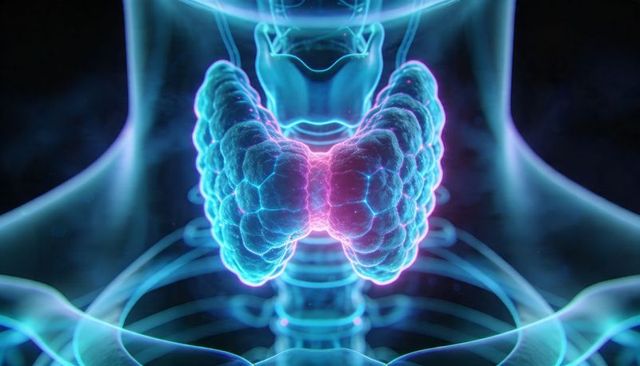 Glowing bilobed thyroid gland with honeycomb texture highlighting trachea rings, neon 3d anatomy
