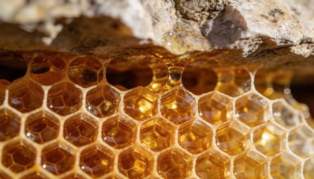 Dripping honeycomb filling hexagonal cells with amber honey under natural rock crevice