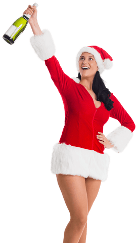 Cheerful woman in santa outfit holding bottle of champagne transparent background