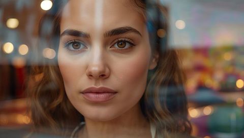 Gazing Young Woman Through Café Window with Warm Bokeh Reflections and Soft Natural Light