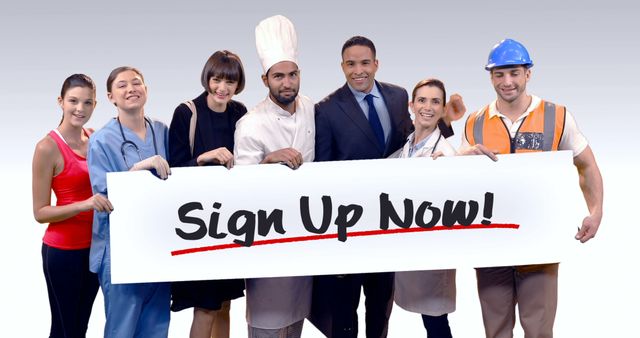 Group of diverse professionals including a chef, nurse, construction worker, engineer, and business people holding a 'Sign Up Now' banner. Ideal for promoting recruitment drives, teamwork, business collaborations, and community activities.