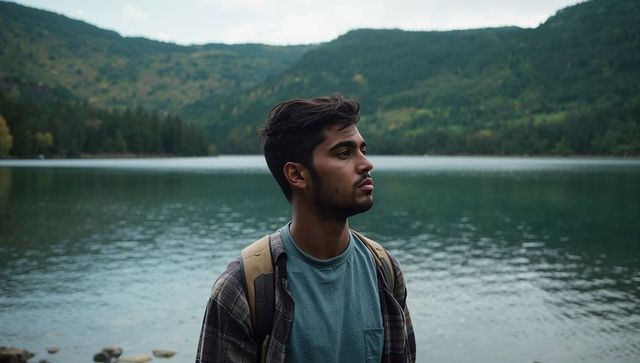 Indian man standing contemplative on rocky lake shore wearing plaid shirt and backpack