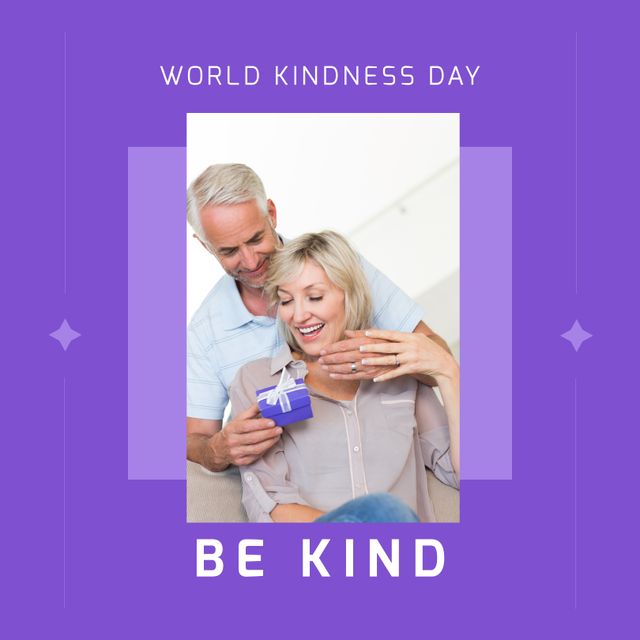 Elderly couple celebrating World Kindness Day, smiling happily as the woman receives a surprise gift. Purple background with 'World Kindness Day' and 'Be Kind' text, perfect for campaigns promoting kindness, holiday greeting cards, or social media posts encouraging friendly gestures.