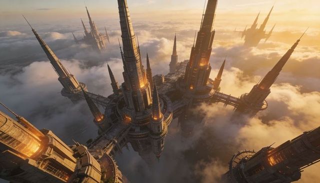 Sunset Megalopolis of Soaring Spires and Skybridges Above Cloud Sea
