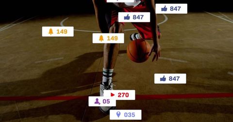 Athlete dribbling basketball with digital interaction overlays