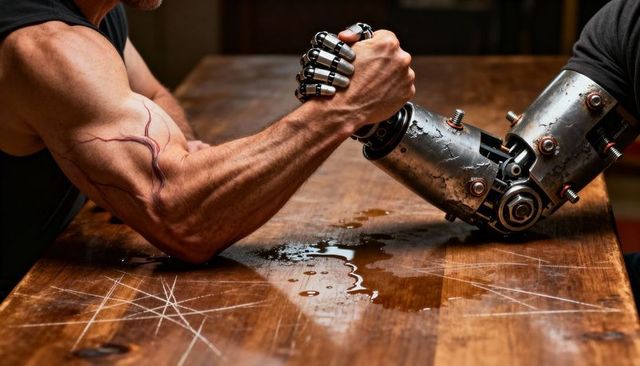 Arm-wrestling Showdown Between Muscular Human Forearm and Industrial Robotic Prosthetic