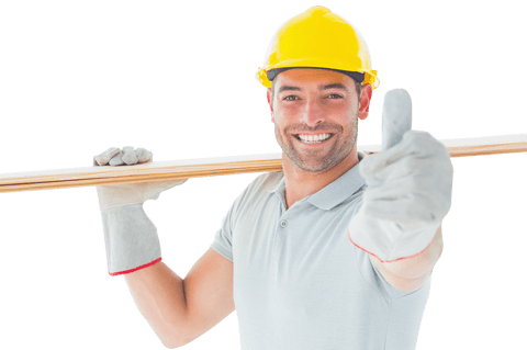Caucasian male construction worker giving thumbs up on transparent background