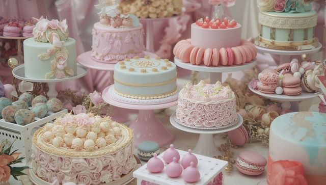 Luxury Pastel Dessert Spread with Decorated Cakes and Sweets
