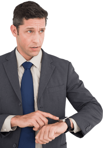 Caucasian Businessman Using Smartwatch on Transparent Background