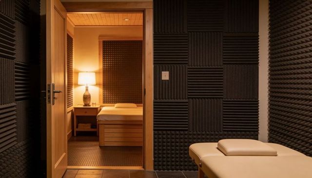Opening wooden door revealing warm spa suite with massage table and ambient lamp glow