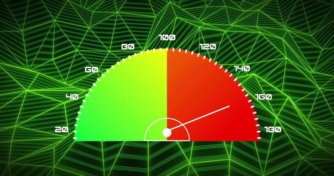 speedometer against an abstract green background featuring geometric shapes, illustrating concepts of technology and progress. useful for presentations on digital advancements, marketing materials in tech industries, or educational content explaining technological growth and metrics.