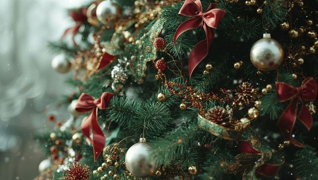 Luxuriously decorated christmas tree with red bows and ornaments