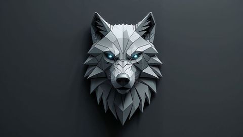 Geometric werewolf head sculpture with glowing eyes in digital art