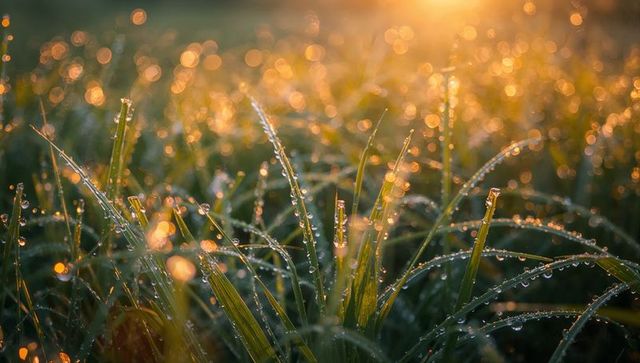 Dewy Grass Blades Glowing in Sunrise Light for Tranquil Atmosphere
