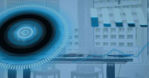 Blue holographic circular interface projecting over urban cafe table with cup and glasses