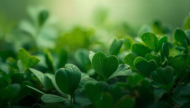 Backlit Heart-Shaped Oxalis Leaves Glowing with Soft Green Bokeh Macro Groundcover