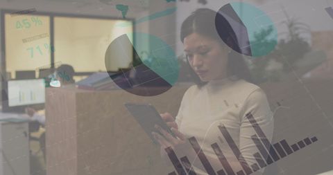 Financial Data Overlay on Focused Businesswoman in Modern Office