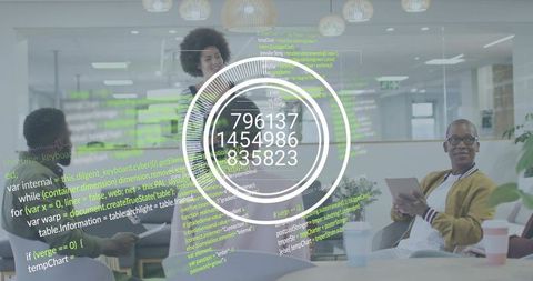 Woman presenting to team with augmented reality code overlay in modern open-plan office