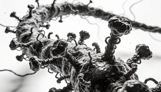 Monochrome twisted filament with bulbous knobs and coiled tendrils, microscopic abstract