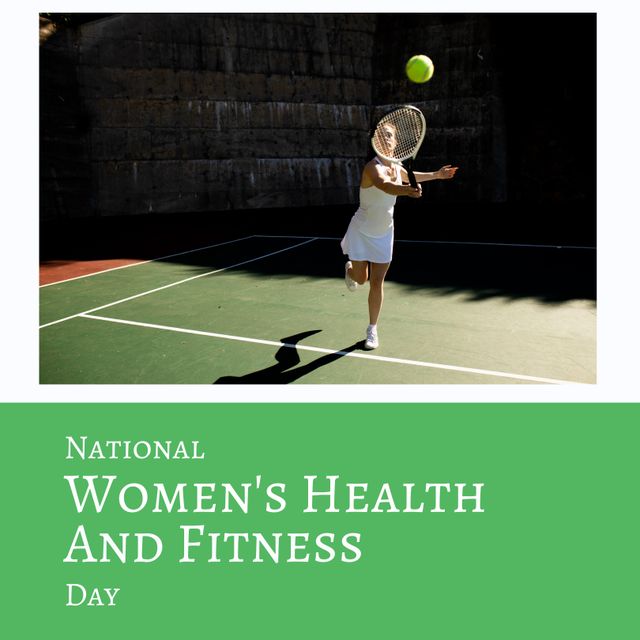 Digital image of caucasian woman playing tennis, national women's health and fitness day text. Copy space, exercise, support, healthcare, sport, awareness and celebration concept.