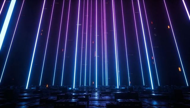 Glowing Neon Columns Rising Over Reflective Grid Floor Futuristic Data Chamber with Blue Purple Beam