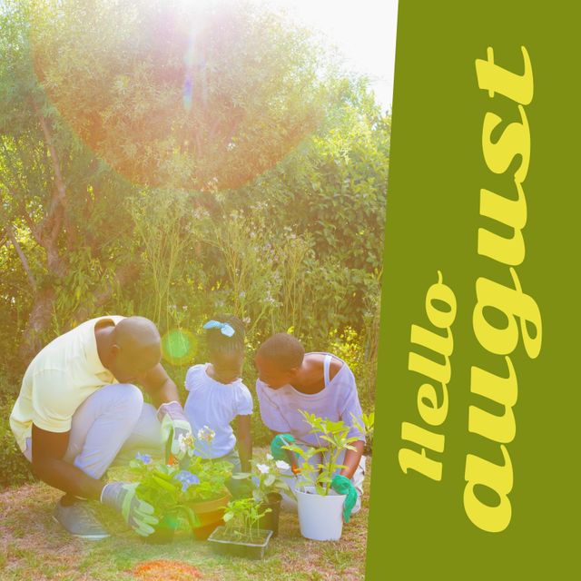 Happy African American Family Gardening Together in August Sun - Download Free Stock Templates Pikwizard.com