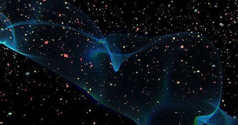 Glowing blue-green digital mesh wave with multicolored particle confetti in dark void