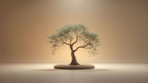 Elegant bonsai tree sculpture in serene studio light, garden of eden concept