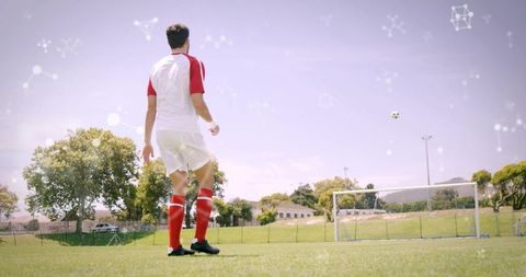 Back-view soccer player watching ball flying toward goal on sunny grass pitch