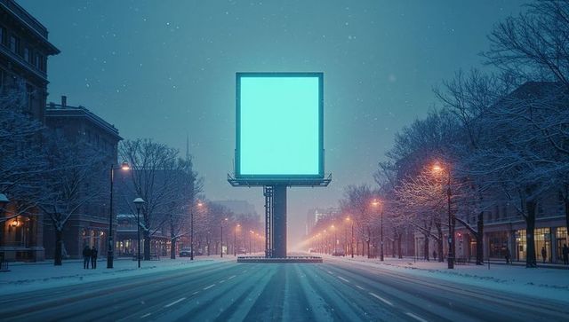 Illuminated blank billboard in snowy winter urban twilight scene
