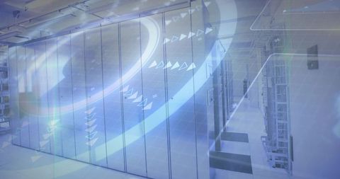 Futuristic data center corridor featuring glowing server racks and tech overlay