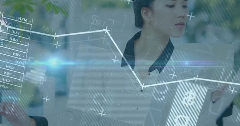 Businesswoman Analyzing Data with Financial Graph Overlays