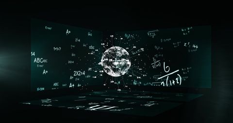 Digital Globe Spinning with Illuminated Math over Screens - Download Free Stock Images Pikwizard.com