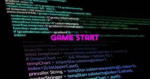 Neon Game Start Text Glowing Over Code - Download Free Stock Images Pikwizard.com
