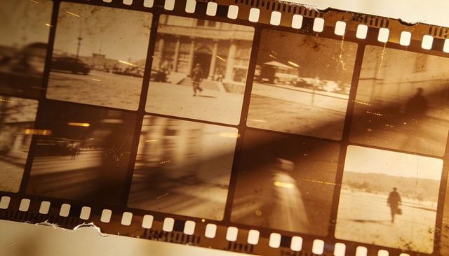 Sepia 35mm film strip evoking blurred urban plaza and silhouettes, vintage nostalgia
