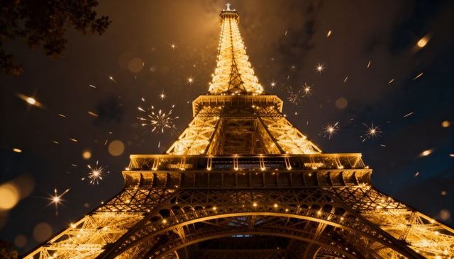Glowing eiffel tower at night, sparkling fireworks and golden bokeh over paris landmark