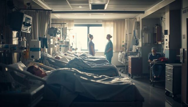 Row of hospital beds with patients resting and nurses monitoring vital signs in daylight